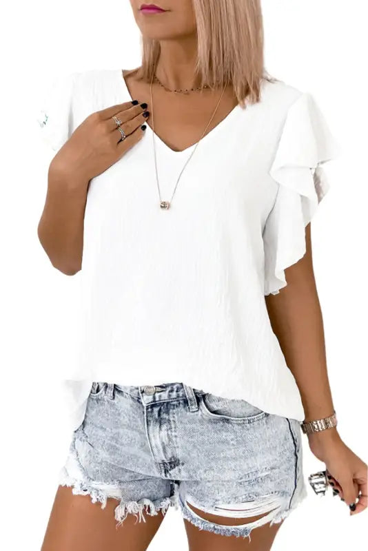 White v neck ruffle sleeve loose top - t-shirts