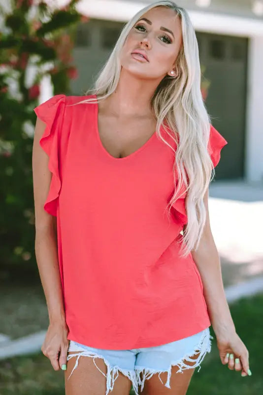 White v neck ruffle sleeve loose top - t-shirts