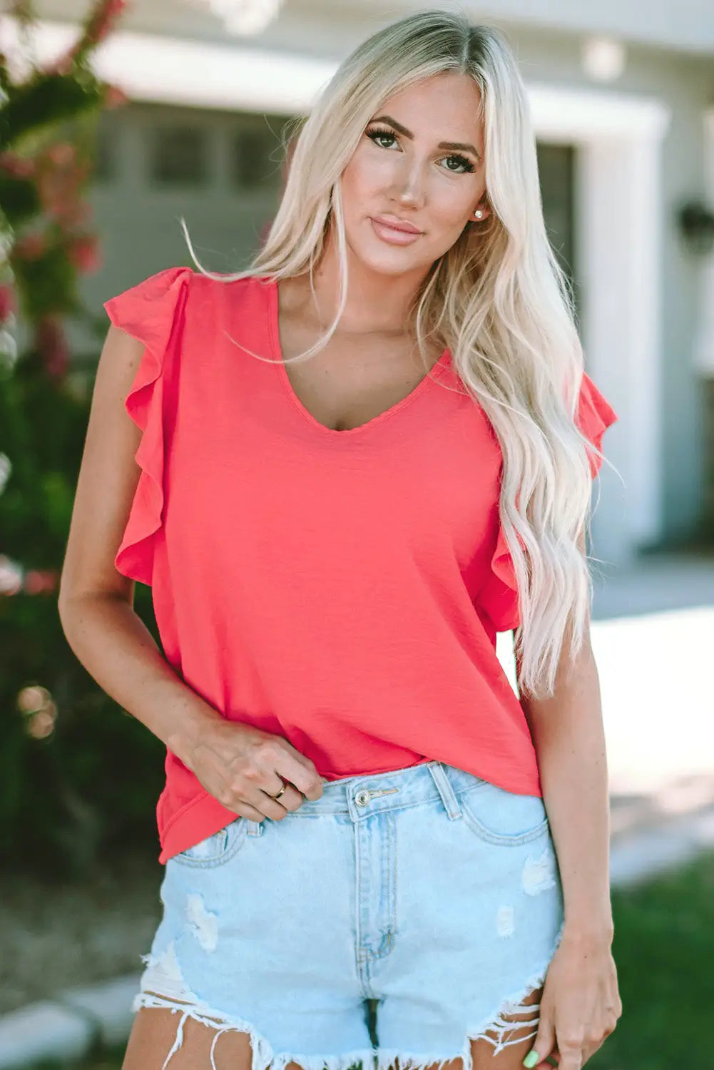 White v neck ruffle sleeve loose top - red / s / 100% polyester - t-shirts