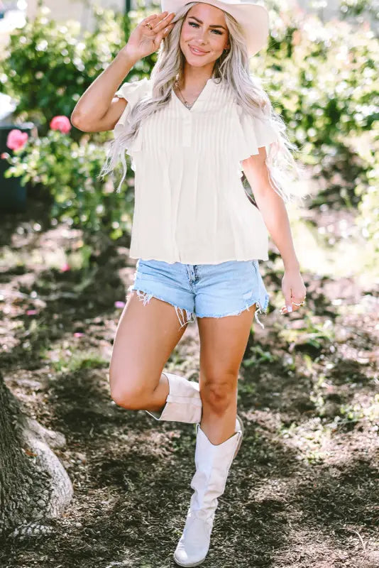 White v neck pleated front ruffled sleeve shirt - tops