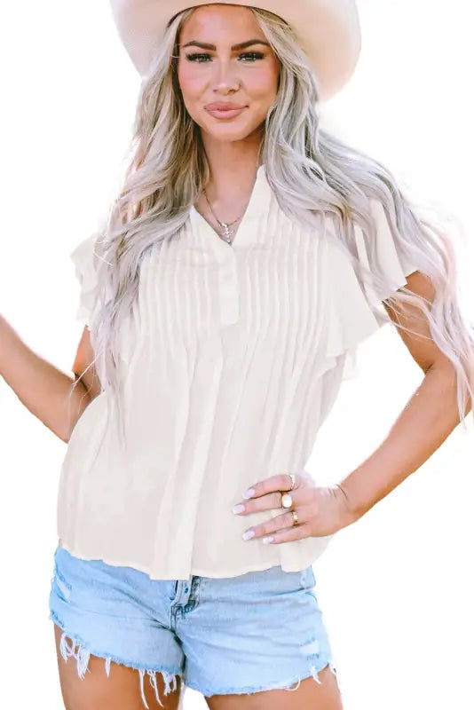 White v neck pleated front ruffled sleeve shirt - tops