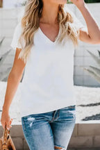 White V Neck Short Sleeve Tee - Fashionfitz