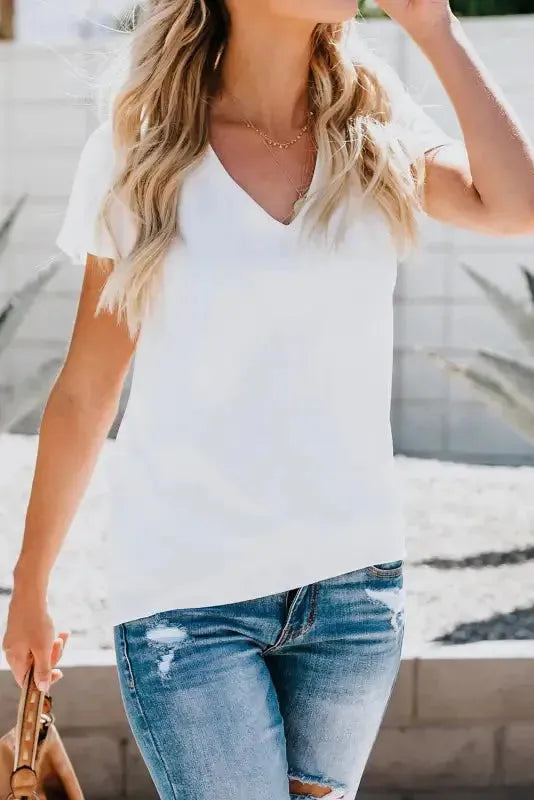 White V Neck Short Sleeve Tee - Fashionfitz