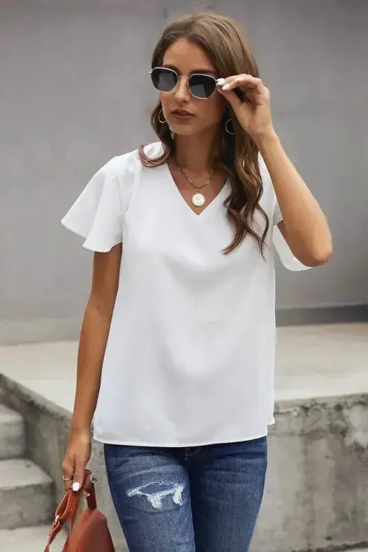 White V Neck Short Sleeve Tee - Fashionfitz