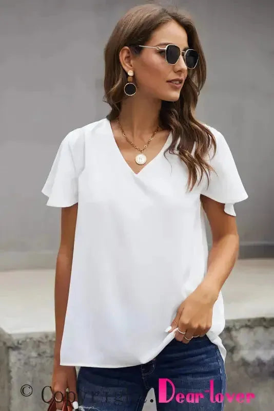 White V Neck Short Sleeve Tee - Fashionfitz