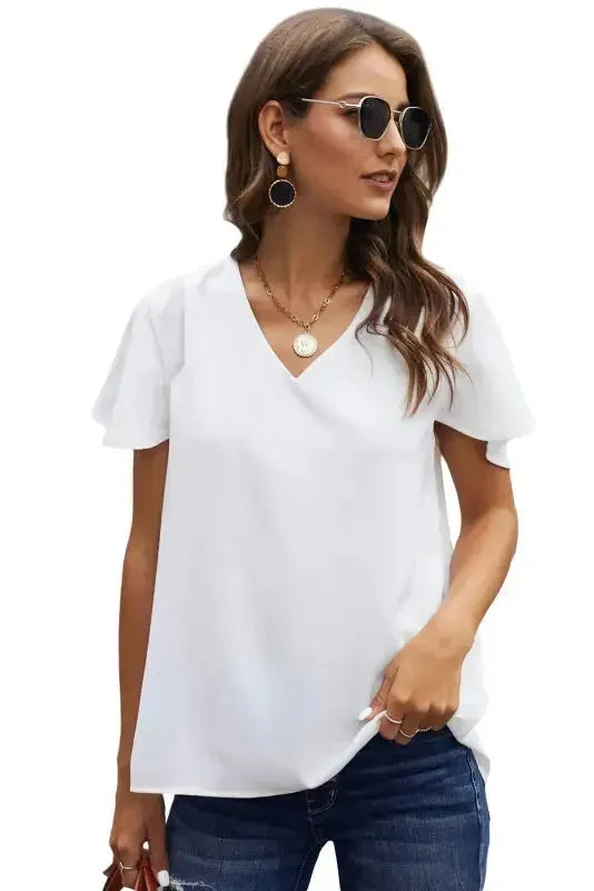 White V Neck Short Sleeve Tee - Fashionfitz