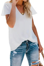 White V Neck Short Sleeve Tee - Fashionfitz