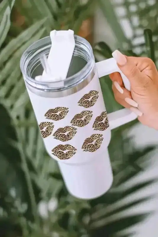 Close-up of White Leopard Lips Thermos Cup with 1200ml Valentine print, showing flip straw lid and leopard print lips for trendy drinkware style.