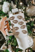 White Valentine Leopard Lips Print Thermos Cup with Straw 1200ml - Fashionfitz