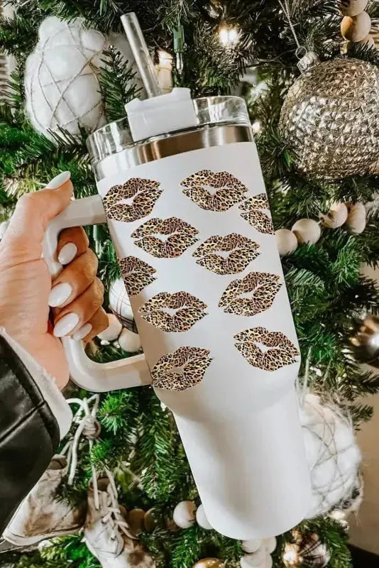 White Valentine Leopard Lips Print Thermos Cup with Straw 1200ml - Fashionfitz