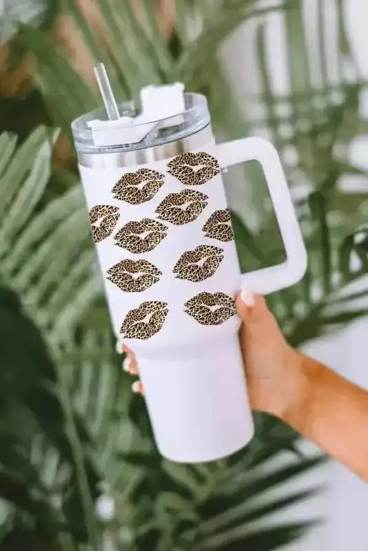 White Leopard Lips Thermos Cup | 1200ml Valentine Print with leopard lip design, ergonomic handle, and straw lid, ideal for all-season hydration.