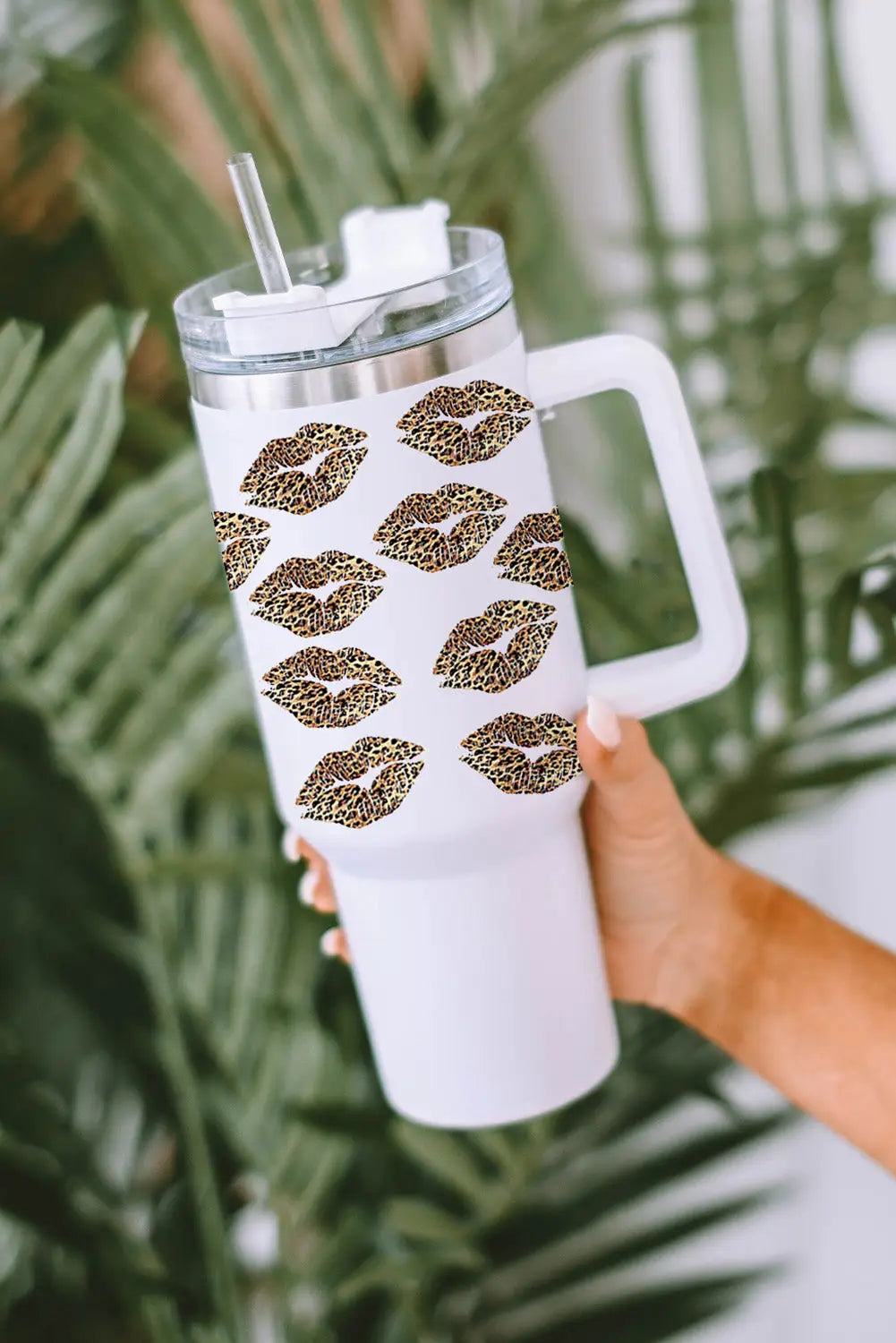 White valentine leopard lips print thermos cup with straw