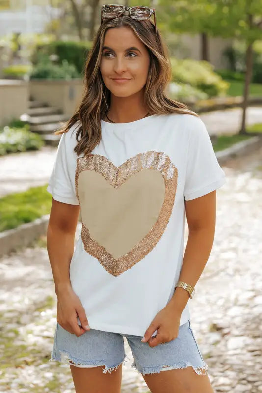 White valentine’s day sequined heart crew neck short sleeve top - tops