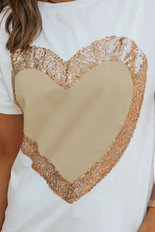 White valentine’s day sequined heart crew neck short sleeve top - tops