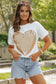 White valentine’s day sequined heart crew neck short sleeve top - tops