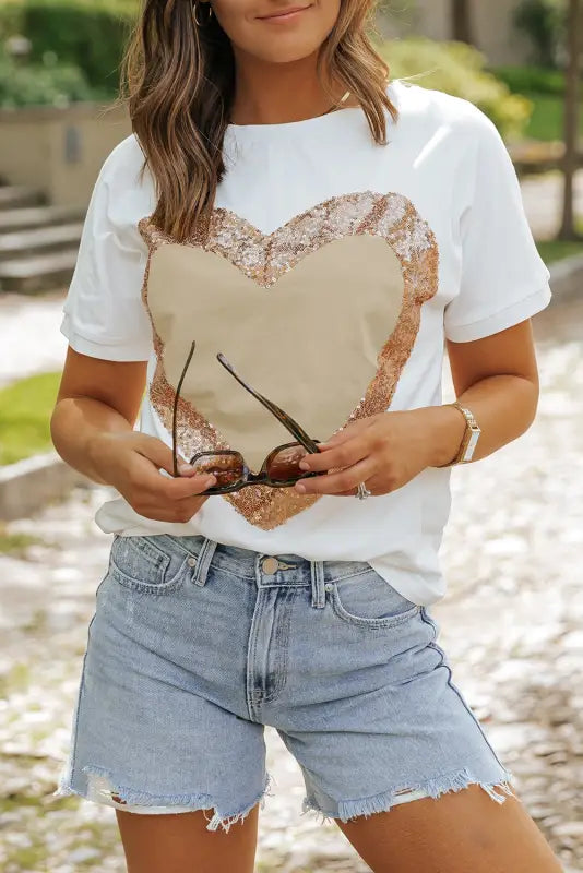 White valentine’s day sequined heart crew neck short sleeve top - tops