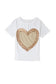 White valentine’s day sequined heart crew neck short sleeve top - tops