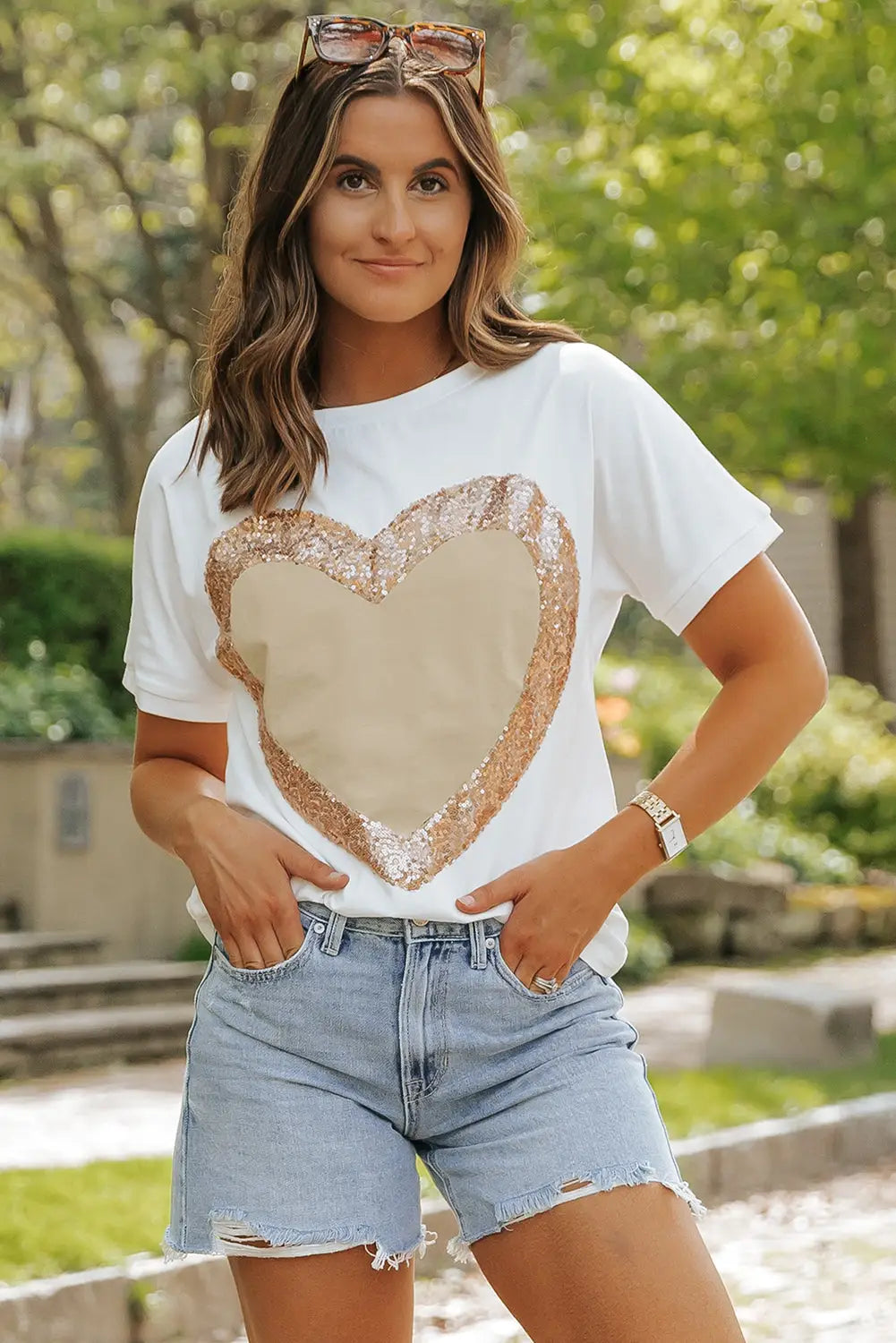 White valentine’s day sequined heart crew neck short sleeve top - tops
