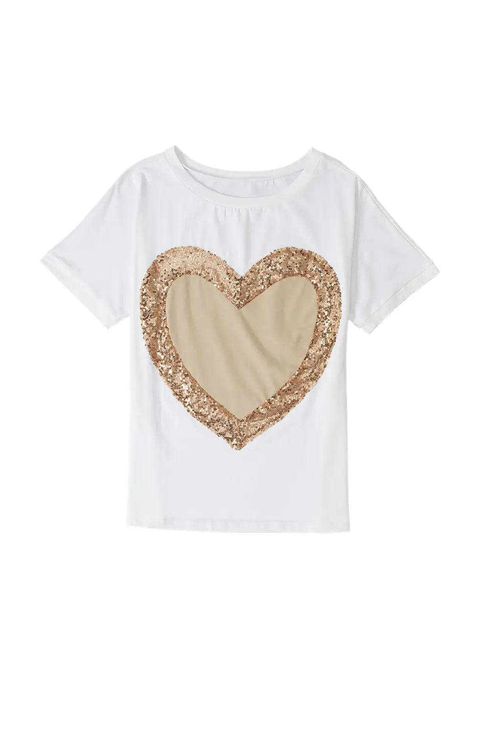 White valentine’s day sequined heart crew neck short sleeve top - tops