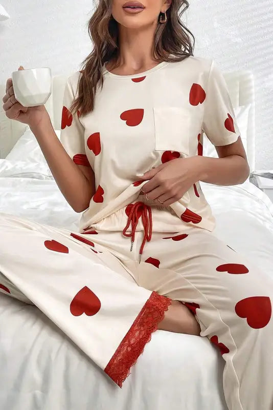 White valentines heart print lace hem tee pants pajama set - l / 95% polyester + 5% elastane - sets