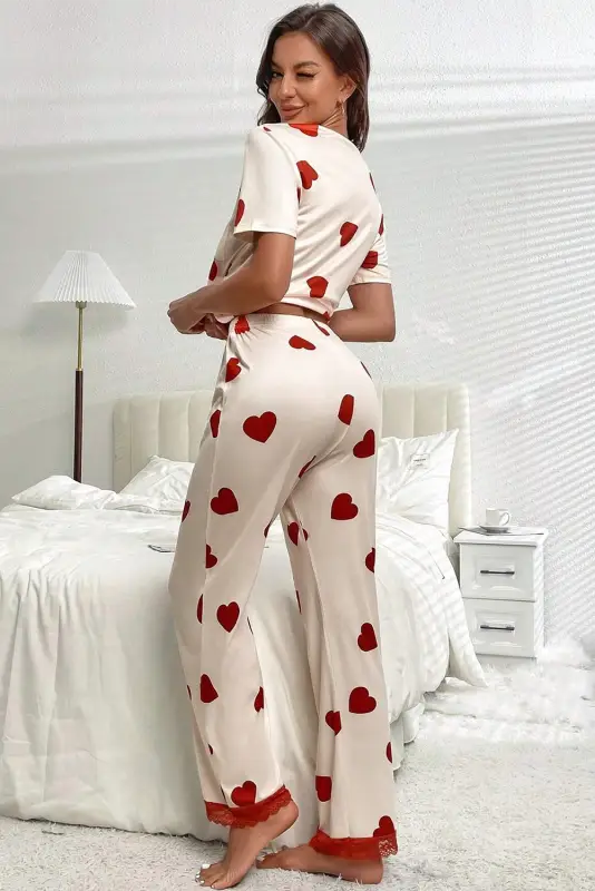 White valentines heart print lace hem tee pants pajama set - sets