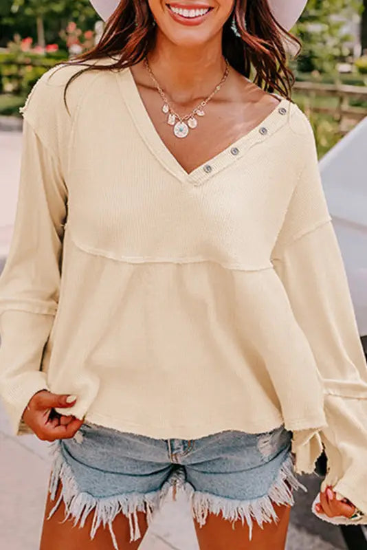 White waffle knit button detail exposed seam flowy top - tops