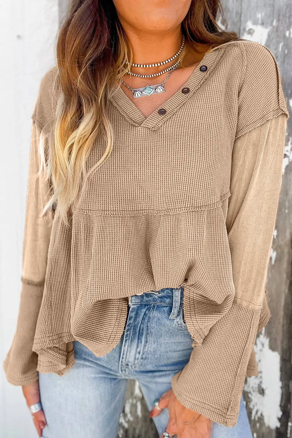 White waffle knit button detail exposed seam flowy top - light french beige / l / 62.7% polyester + 37.3% cotton - tops