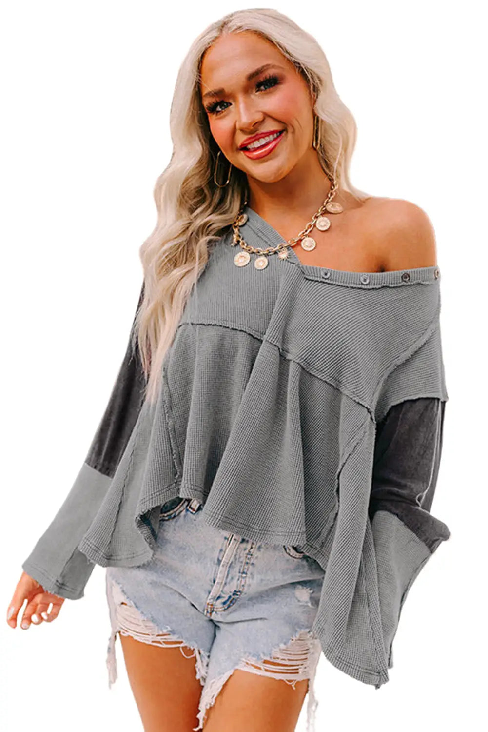 White waffle knit button detail exposed seam flowy top - tops