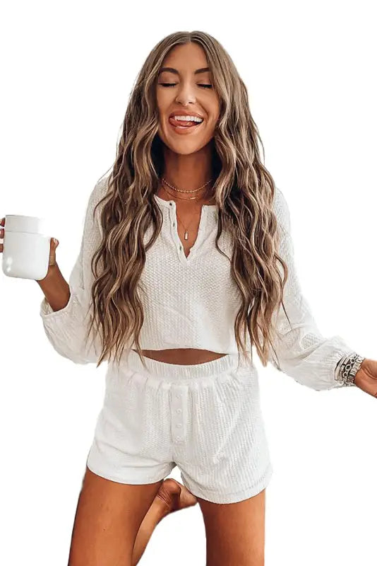 White waffle knit lounge set - two piece short sets