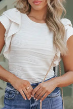 White Wavy Texture Drop Shoulder Long Sleeve Top - Fashionfitz