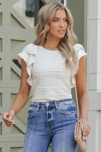 White Wavy Texture Drop Shoulder Long Sleeve Top - Fashionfitz