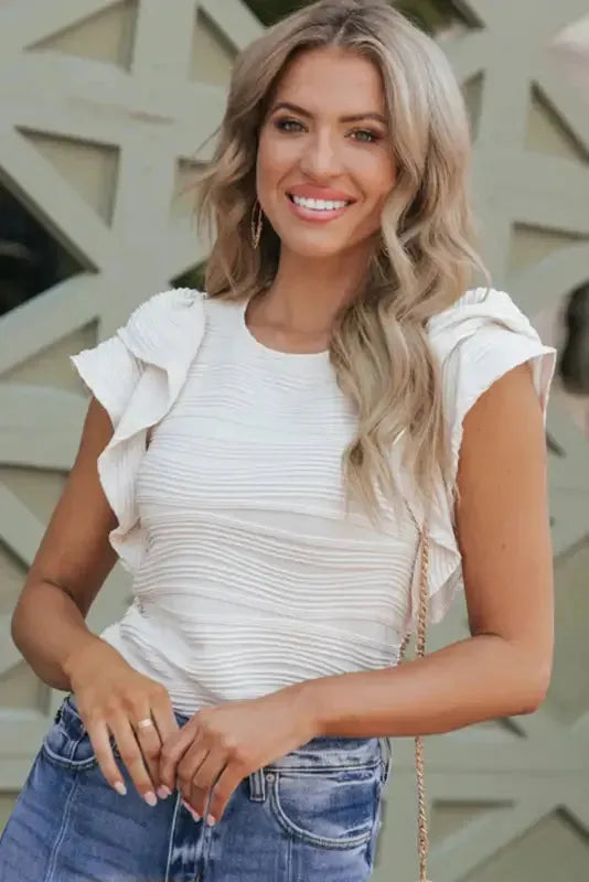 White Wavy Texture Drop Shoulder Long Sleeve Top - Fashionfitz