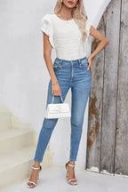 White Wavy Texture Drop Shoulder Long Sleeve Top - Fashionfitz