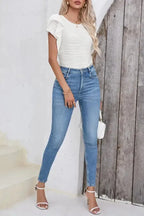 White Wavy Texture Drop Shoulder Long Sleeve Top - Fashionfitz