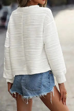 White Wavy Texture Drop Shoulder Long Sleeve Top - Fashionfitz