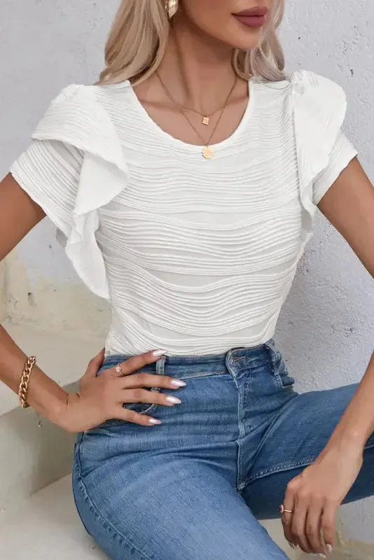 White Wavy Texture Drop Shoulder Long Sleeve Top - Fashionfitz