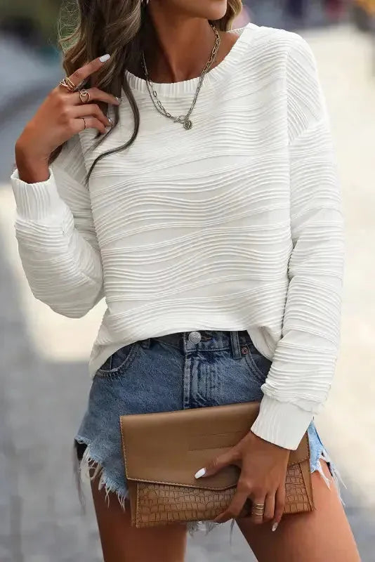 White Wavy Texture Drop Shoulder Long Sleeve Top - Fashionfitz