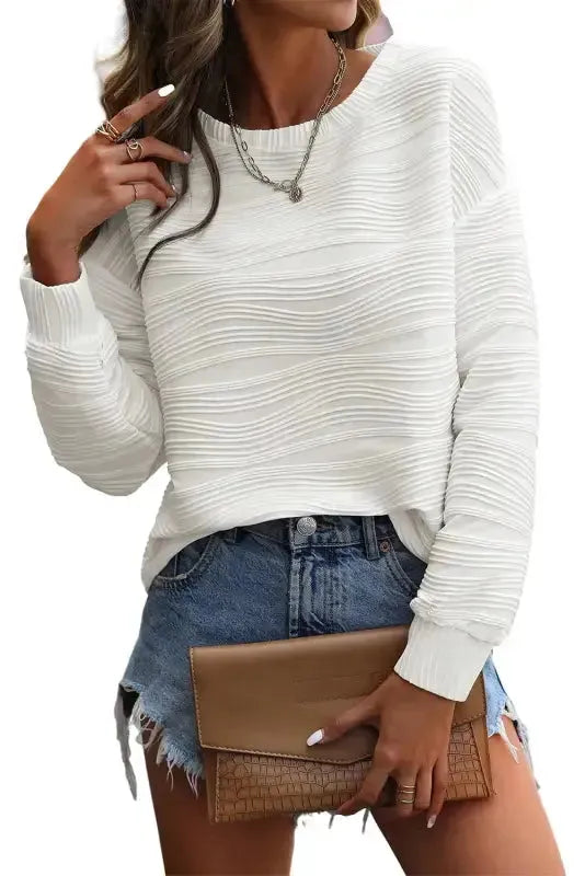 White Wavy Texture Drop Shoulder Long Sleeve Top - Fashionfitz