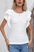 White Wavy Texture Drop Shoulder Long Sleeve Top - Fashionfitz