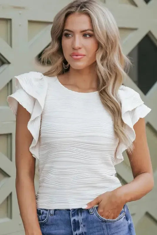 White Wavy Texture Drop Shoulder Long Sleeve Top - Fashionfitz