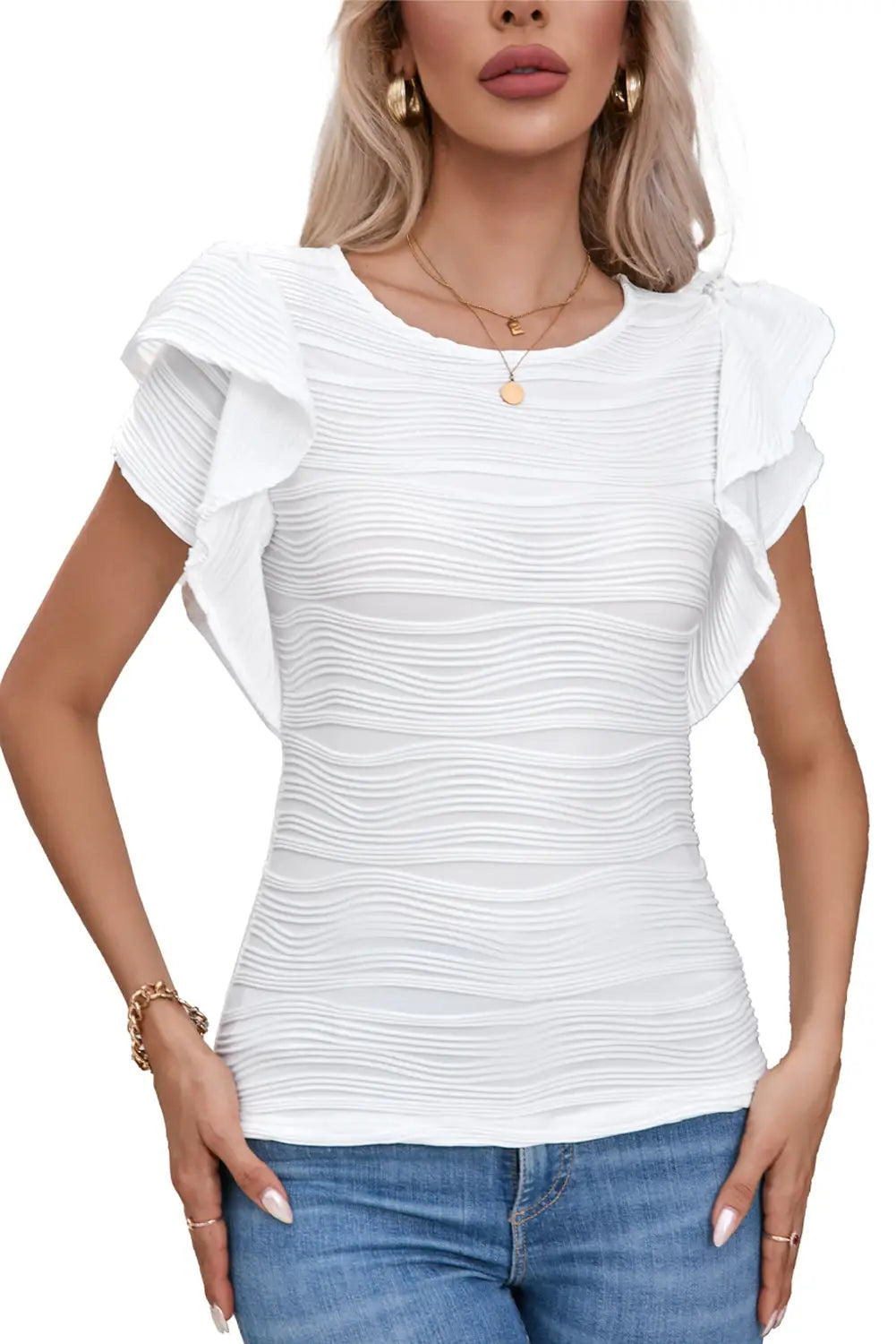White wavy texture drop shoulder long sleeve top - tops