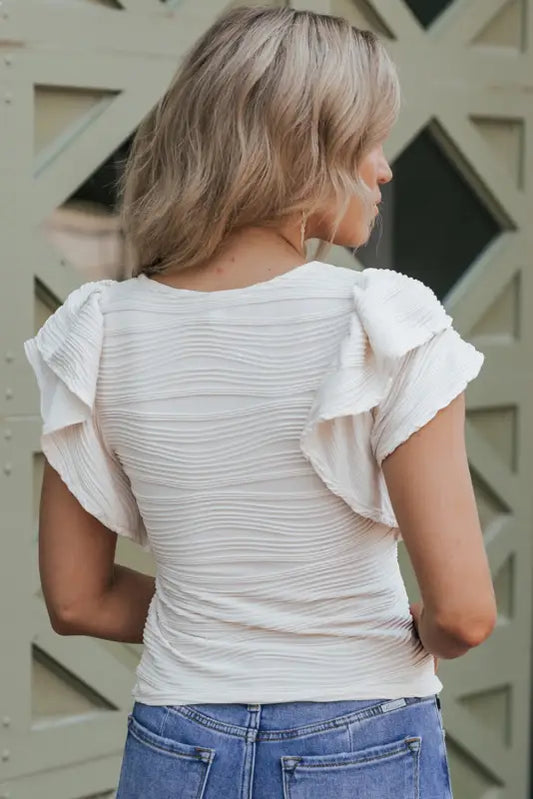 White wavy textured ruffle sleeve top - tops