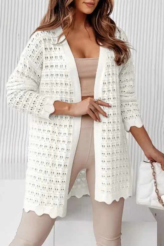 White wavy trim open knit long sleeve cardigan - sweaters & cardigans