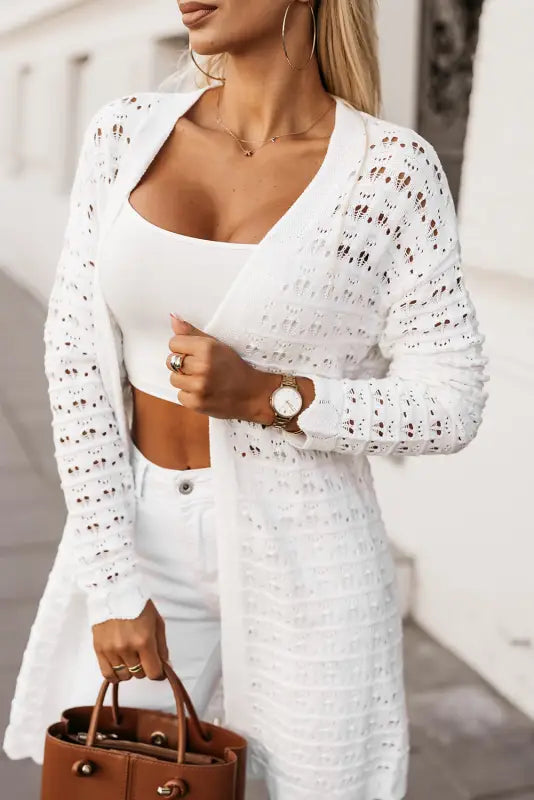 White wavy trim open knit long sleeve cardigan - sweaters & cardigans