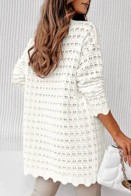 White wavy trim open knit long sleeve cardigan - sweaters & cardigans