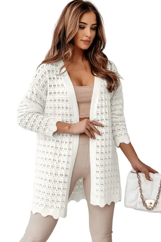 White wavy trim open knit long sleeve cardigan - sweaters & cardigans