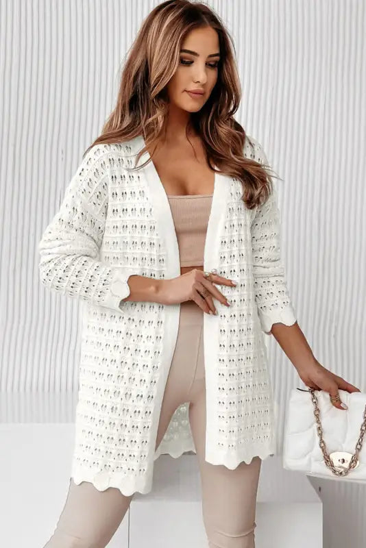 White wavy trim open knit long sleeve cardigan - sweaters & cardigans