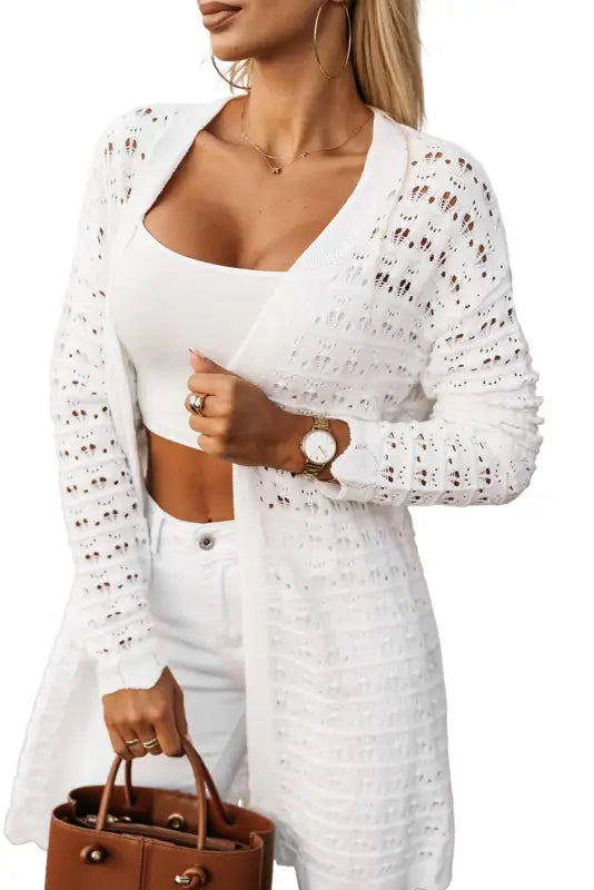 White wavy trim open knit long sleeve cardigan - sweaters & cardigans