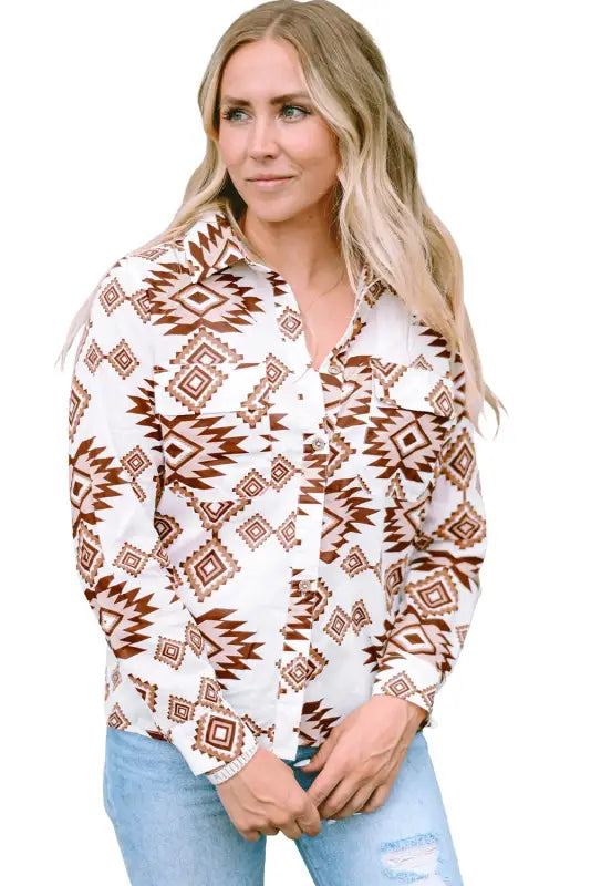 White western aztec pattern button flap pocket shirt - blouses & shirts