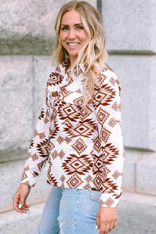 White western aztec pattern button flap pocket shirt - blouses & shirts